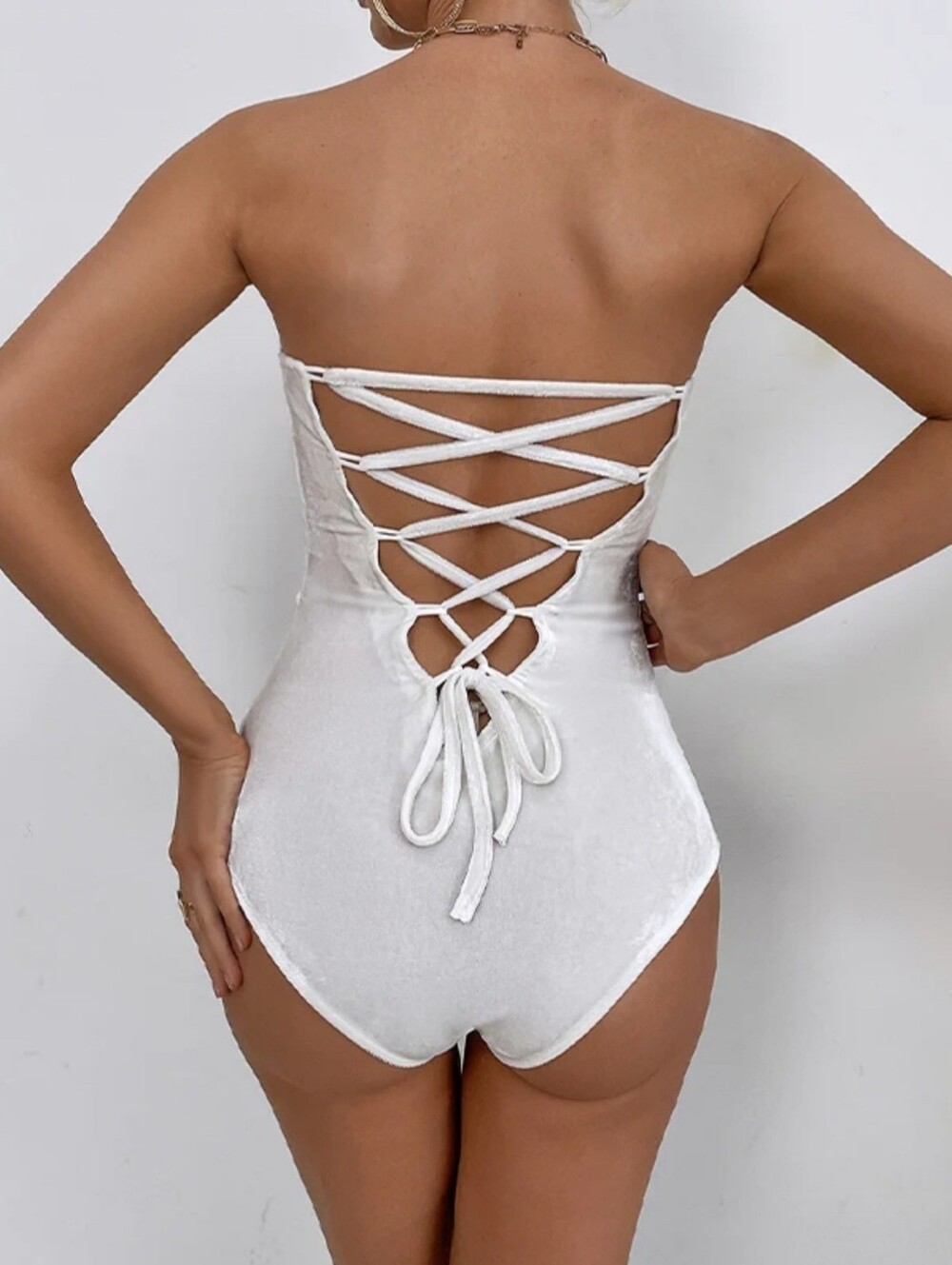 NWT Women's Soft Velvet Strapless Plunge Lace-up Back Bodysuit Teddy Size Sm